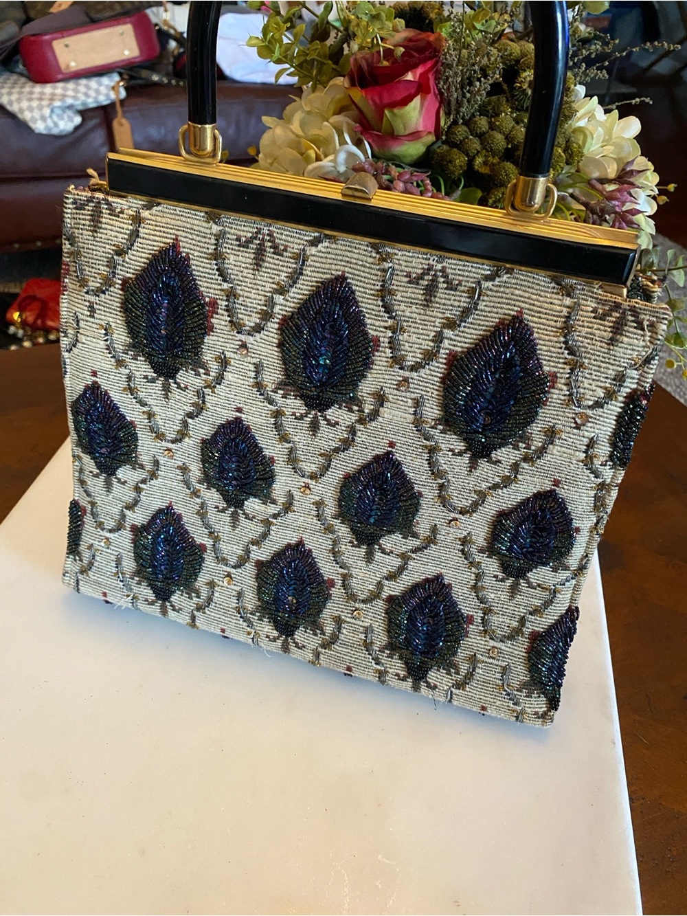 Vintage Embellished Beaded Ivory Evening Handbag with Iridescent Peacock Motif